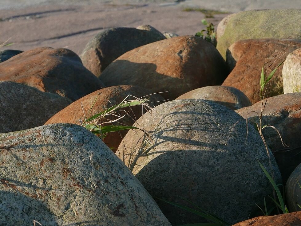 Steiner i fjæra. Kveldssol. 