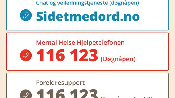 Mental Helse Hjelpetelefonen - Åpent hele påsken. Ring 116 123 (gratis) Fra utlandet: 0047 91 116 123 (da gjelder vanlig mobiltakst jmfr. din telefonleverandør)