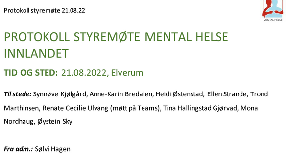 Protokoll styremøte Mental Helse Innlandet 21.08.22