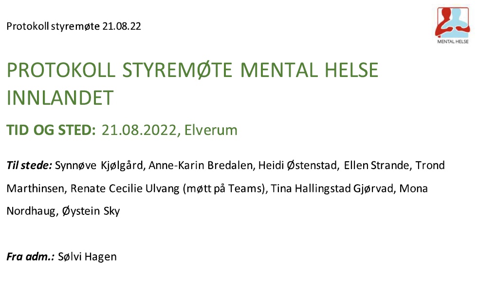 Protokoll styremøte Mental Helse Innlandet 21.08.22