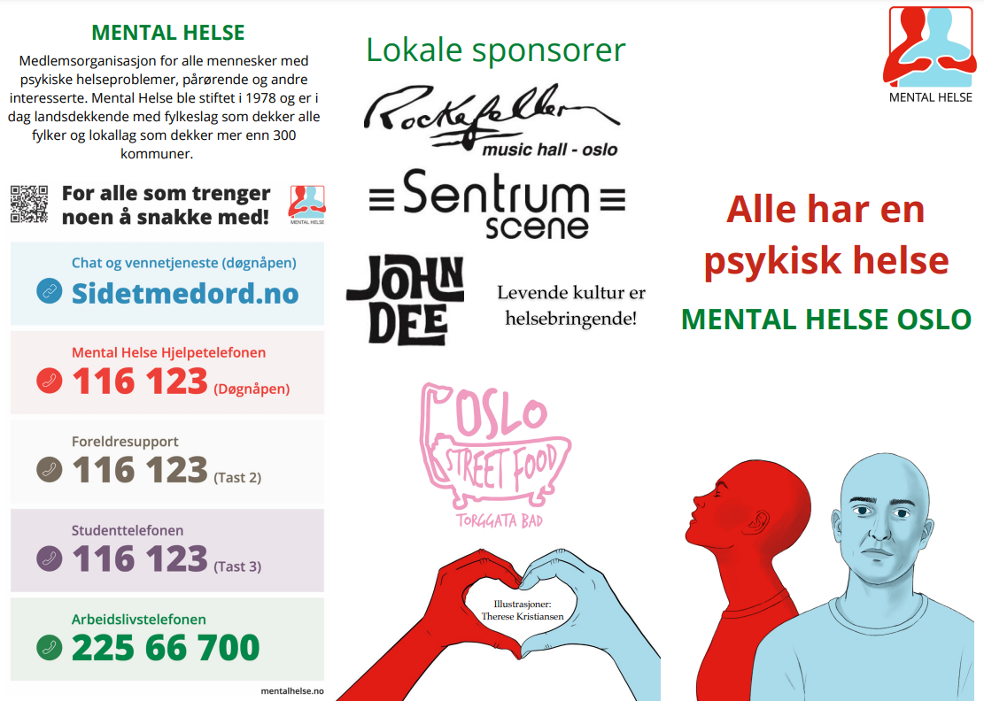 Bilde av trifold-brosjyren til Mental Helse Oslo. Første side fra venstre er generell info om Mental Helse, og illustrasjon med numrene til Hjelpetelefonen (innsiden av forsiden), siden i midten (baksiden) er lokale sponsorer; Rockefeller, Sentrum Scene, John Dee og Oslo Streetfood. Siste siden til høyre er forsiden. Logoen til Mental Helse står øverst til høyre. Teksten på forsiden er "Alle har en psykisk helse" og Mental Helse Oslo. Nederst på forsiden er en illustrasjon med to personer i Mental Helse sine logofarger, en rød og en blå.